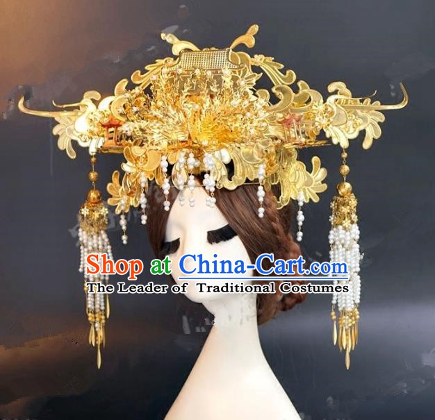 Chinese Ancient Handmade Classical Wedding Hair Accessories Xiuhe Suit Golden Exaggerated Phoenix Coronet for Women