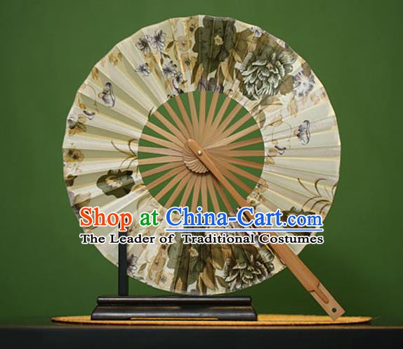 Traditional Chinese Crafts Ink Painting Flowers Silk Folding Fan, China Beijing Opera Round Fans for Women