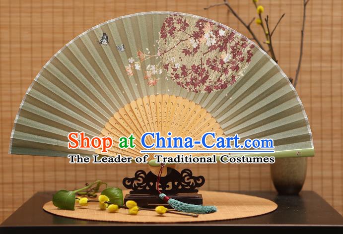 Traditional Chinese Crafts Printing Oriental Cherry Green Folding Fan, China Beijing Opera Silk Fans for Women
