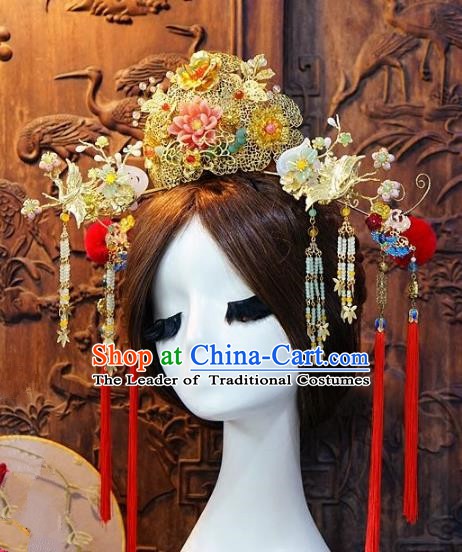 Chinese Handmade Classical Hairpins Tassel Hair Accessories Ancient Bride Phoenix Coronet for Women
