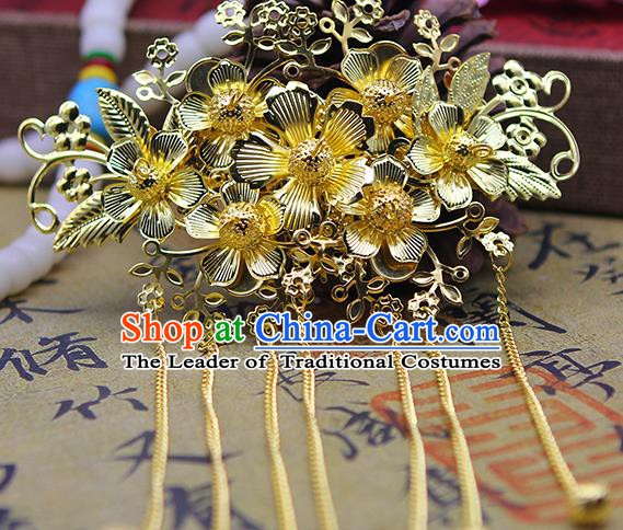 Handmade Chinese Ancient Palace Lady Hair Accessories Hanfu Hairpins Golden Tassel Hair Comb for Women