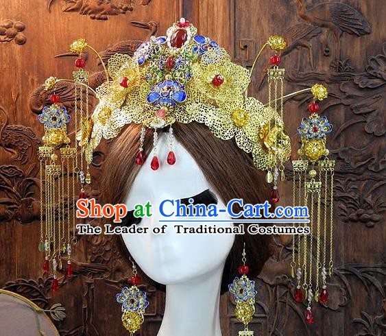 Chinese Handmade Classical Hair Accessories Ancient Wedding Cloisonne Phoenix Coronet Hanfu Headwear for Women