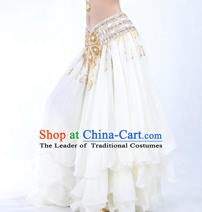 Asian Indian Belly Dance Costume Stage Performance White Expansion Skirt, India Raks Sharki Dress for Women