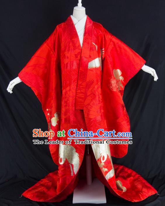 Asian Japanese Traditional Wedding Costumes Japan Embroidered Furisode Kimono Yukata Red Dress Clothing for Women