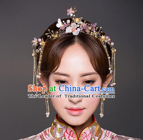 Chinese Handmade Classical Hair Accessories Ancient Bride Pink  Hair Clasp Tassel Hairpins for Women