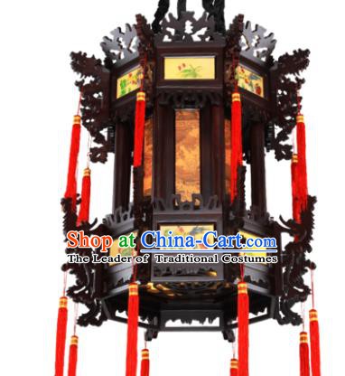 Traditional Chinese Wood Hanging Palace Lanterns Handmade Black Lantern Ancient Ceiling Lamp