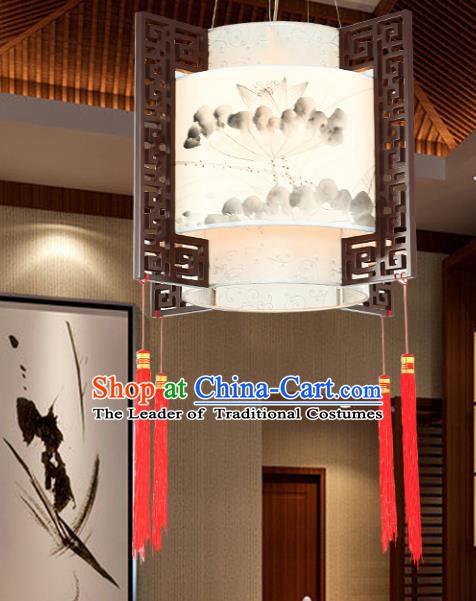 Traditional Chinese Ink Painting Lotus Ceiling Palace Lanterns Handmade Wood Hanging Lantern Ancient Lamp