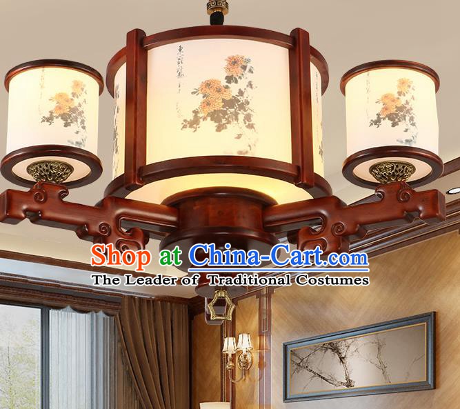 Traditional Chinese Handmade Painting Chrysanthemum Wood Lantern Three-Lights Palace Lantern Ancient Ceiling Lanterns
