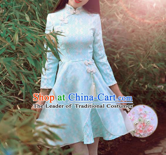 Traditional Chinese National Costume Blue Qipao Dress Tangsuit Embroidered Cheongsam Clothing for Women
