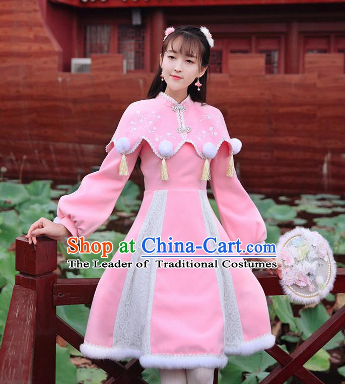 Traditional Chinese National Pink Qipao Dress Tangsuit Embroidered Cheongsam Clothing for Women