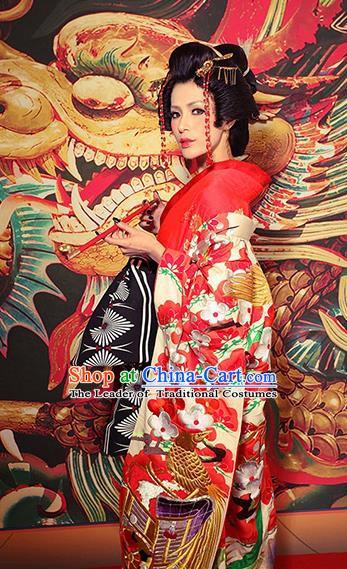 Traditional Asian Japan Bride Costume Red Yukata Dress Japanese Wedding Furisode Kimono for Women