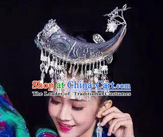 Traditional Chinese Miao Nationality Ox Horn Hairpins Hair Accessories Sliver Headwear for Women
