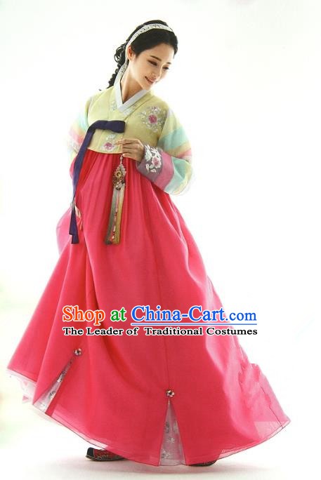 Top Grade Korean Traditional Palace Hanbok Yellow Blouse and Pink Dress Fashion Apparel Bride Costumes for Women