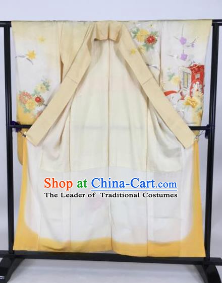 Ancient Japanese Geisha Printing Flowers Furisode Kimonos Traditional Female Yellow Yukata Dress Formal Costume for Women