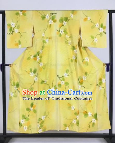 Japan Traditional Printing Kimonos Yellow Furisode Kimono Ancient Yukata Dress Formal Costume for Women