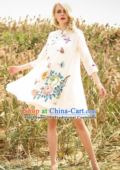 Chinese National Costume White Cheongsam Embroidered Peony Butterfly Qipao Dress for Women