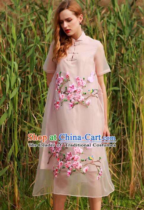 Chinese National Costume Embroidered Peach Blossom Cheongsam Pink Qipao Dress for Women