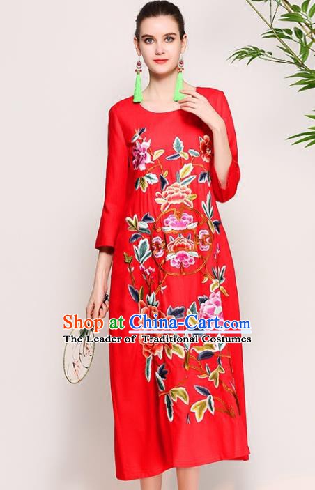 Chinese National Costume Tang Suit Qipao Dress Traditional Embroidered Peony Red Cheongsam for Women