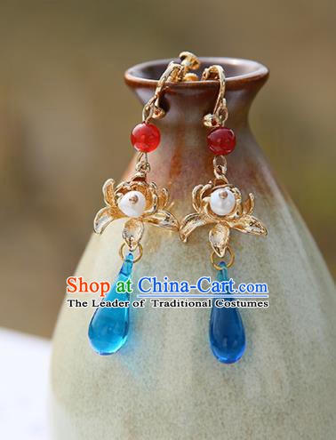 Chinese Handmade Ancient Jewelry Accessories Eardrop Hanfu Blue Crystal Lotus Earrings for Women