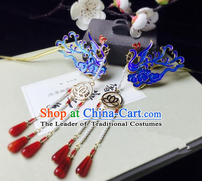 Chinese Handmade Classical Hair Accessories Hairpin Blueing Phoenix Hair Stick Hanfu Hairpins for Women