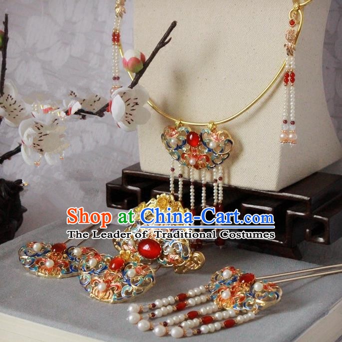 Chinese Handmade Classical Accessories Princess Blueing Necklace and Hairpins Complete Set for Women