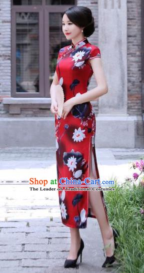 Chinese Traditional Mandarin Silk Qipao Dress National Costume Printing Lotus Red Long Cheongsam for Women
