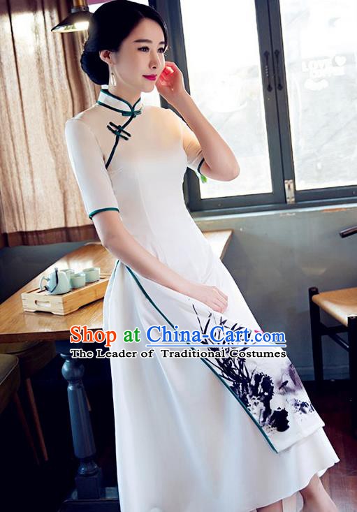 Chinese Traditional Tang Suit Qipao Dress National Costume Printing Orchid Mandarin Cheongsam for Women