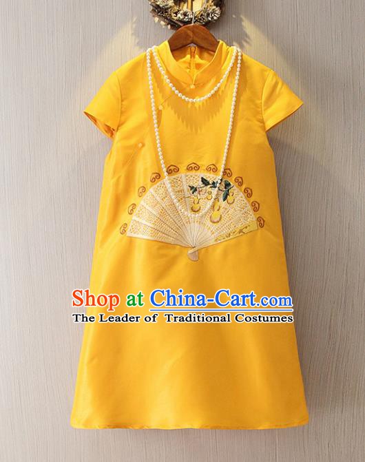 Chinese Traditional National Cheongsam Tangsuit Embroidered Yellow Short Dress for Women