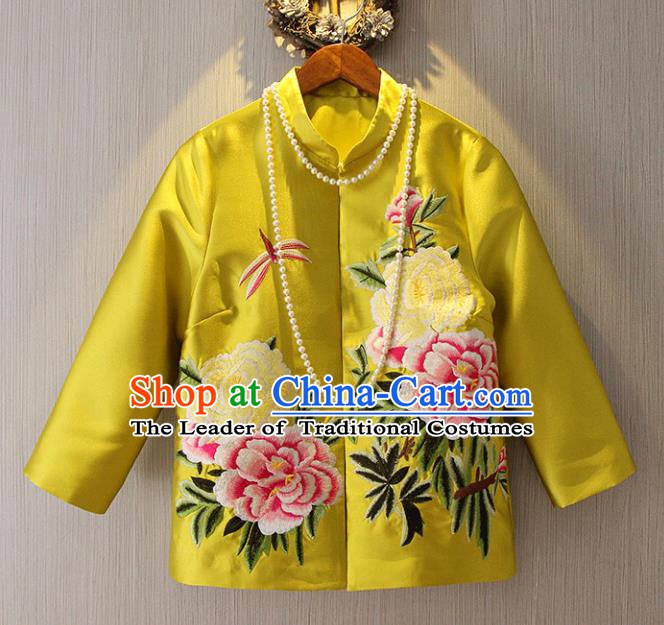 Chinese Traditional National Costume Yellow Cheongsam Jacket Tangsuit Embroidered Upper Outer Garment for Women