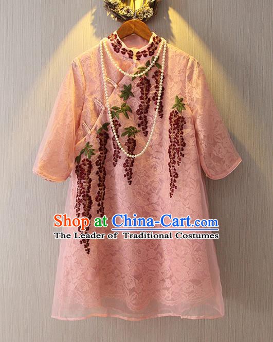 Chinese Traditional National Costume Pink Lace Cheongsam Tangsuit Embroidered Qipao Dress for Women
