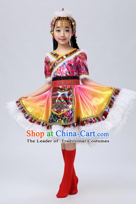 Traditional Chinese Mongol Nationality Dance Costume, Mongols Children Dance Ethnic Pleated Skirt for Kids