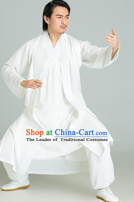 Top Grade Kung Fu Costume Martial Arts Training White Long Gown Gongfu Wushu Tang Suit Clothing for Men