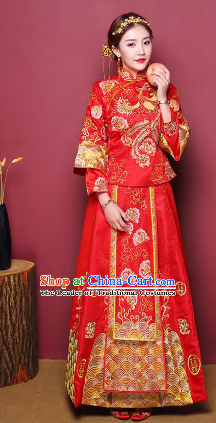 Chinese Traditional Wedding Dress Costume Bottom Drawer, China Ancient Bride Embroidered Xiuhe Suit for Women