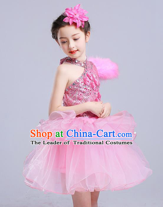 Top Grade Chorus Stage Performance Costumes Pink Veil Bubble Dress Children Modern Dance Clothing for Kids