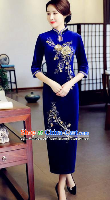 Top Grade Chinese Beading Embroidery Blue Qipao Dress National Costume Traditional Mandarin Cheongsam for Women