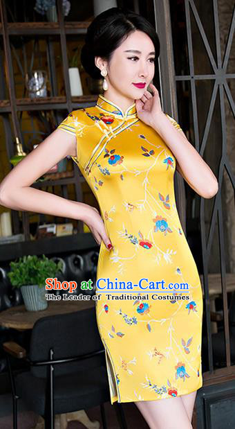Chinese National Costume Tang Suit Yellow Silk Qipao Dress Traditional Printing Cheongsam for Women