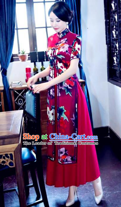 Chinese National Costume Tang Suit Silk Qipao Dress Traditional Printing Two-pieces Red Cheongsam for Women