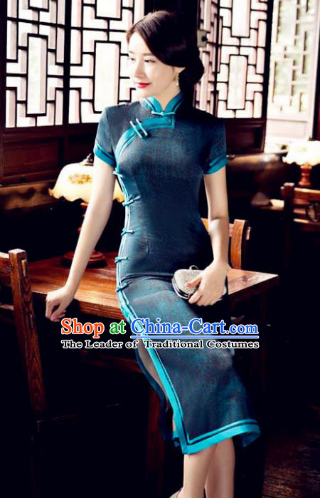 Chinese National Costume Tang Suit Qipao Dress Traditional Republic of China Peacock Green Cheongsam for Women