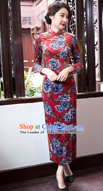 Top Grade Chinese Elegant Red Cheongsam Traditional China Tang Suit Printing Peony Qipao Dress for Women