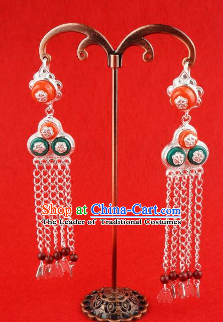 Chinese Traditional Zang Nationality Sliver Tassel Earrings Jewelry Accessories, China Tibetan Ethnic Eardrop for Women