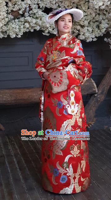 Chinese Zang Nationality Wedding Tibetan Robe, China Traditional Tibetan Ethnic Heishui Dance Costume for Women