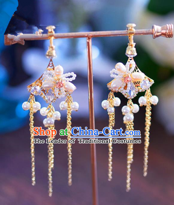 Chinese Handmade Jewelry Accessories Ancient Hanfu Pearls Tassel Earrings for Women