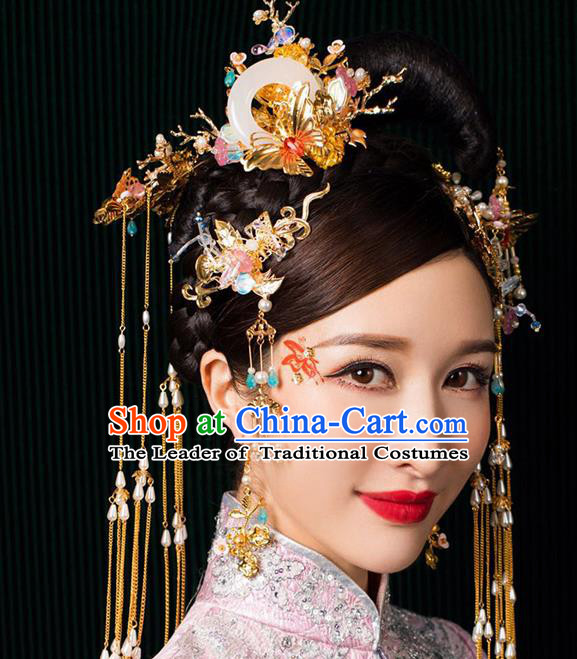 Chinese Ancient Handmade Phoenix Coronet Traditional Xiuhe Suit Jade Hairpins Hair Accessories for Women