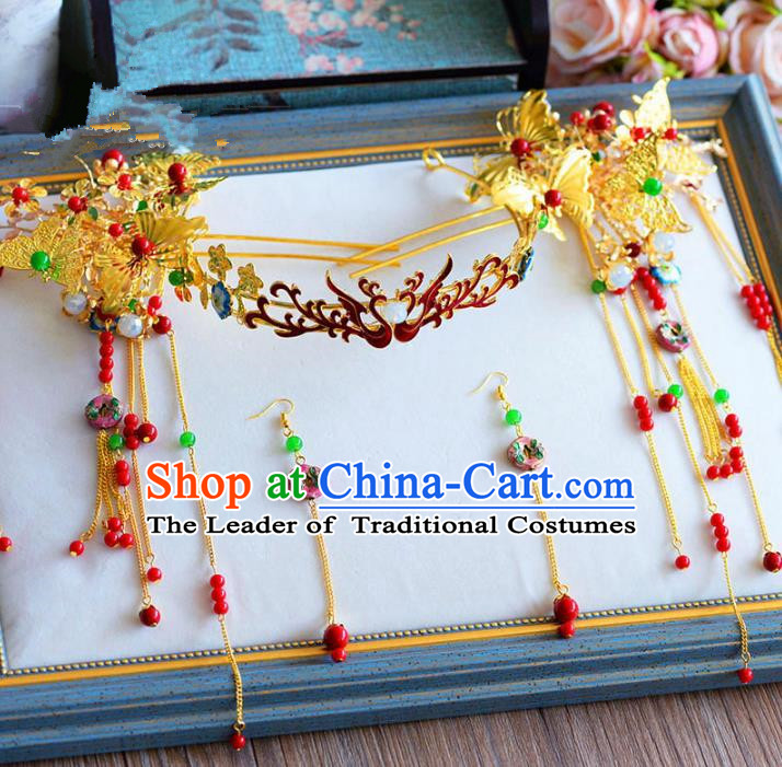 Chinese Ancient Handmade Palace Tassel Step Shake Traditional Hair Accessories Xiuhe Suit Hairpins for Women