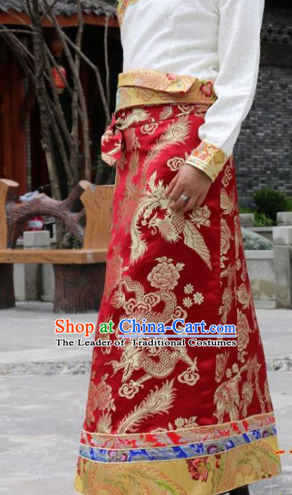 Chinese Traditional Tibetan Red Skirt Minority Costume Zang Nationality Clothing for Women