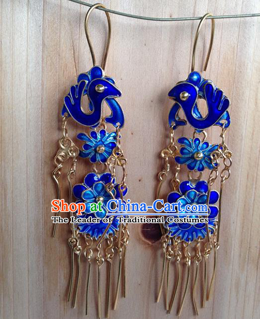 Handmade Chinese Miao Nationality Blueing Phoenix Tassel Earrings Hmong Sliver Eardrop for Women