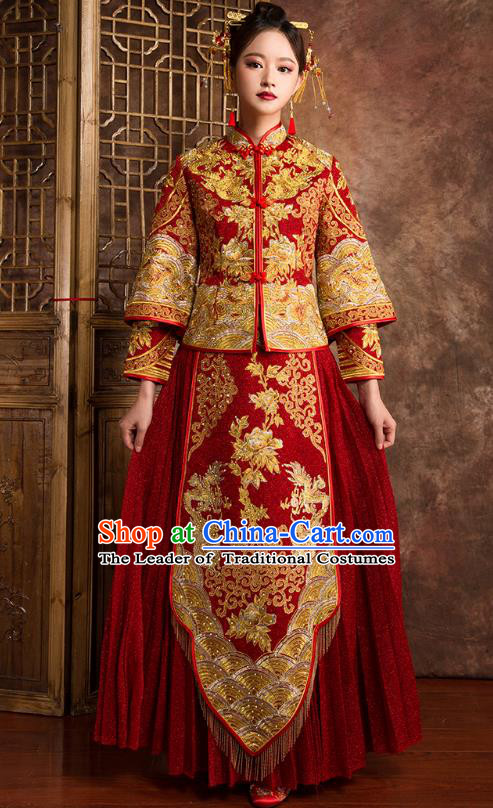 Chinese Traditional Wedding Costumes Ancient Bride Embroidered Peony Diamante Red Xiuhe Suit for Women
