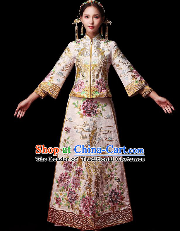 Traditional Chinese Style Female Wedding Costumes Ancient Embroidered Full Dress White XiuHe Suit for Bride
