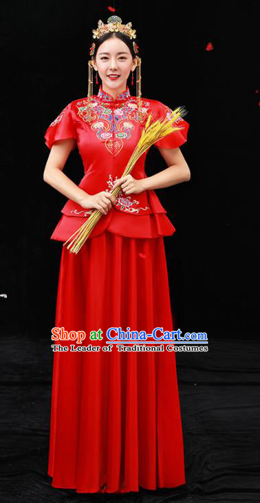 Chinese Ancient Bride Red Formal Dresses Xiuhe Suit Embroidered Wedding Costume for Women