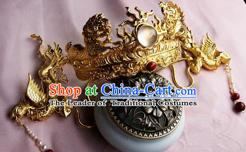 Chinese Traditional Hair Accessories Ancient Empress Golden Phoenix Coronet Hairpins for Women